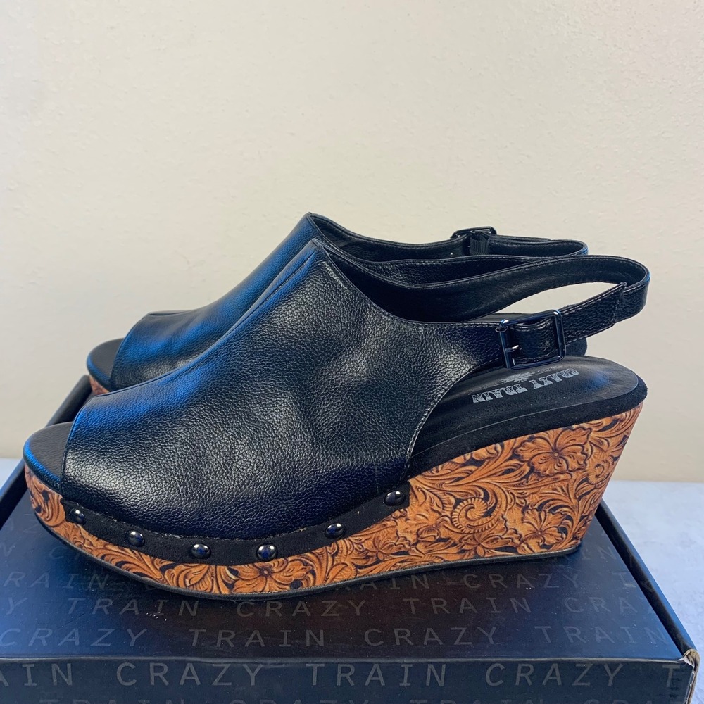 NEW Crazy Train Clyde Womens 11 Black Tooled Floral Wedge Slingback Sandals Box